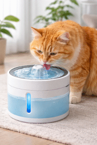 gato atigrado bebiendo de fuente moderna