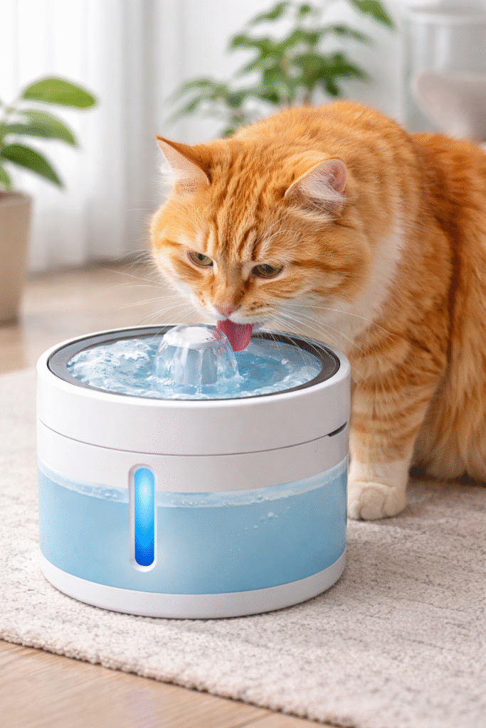 gato atigrado bebiendo de fuente moderna